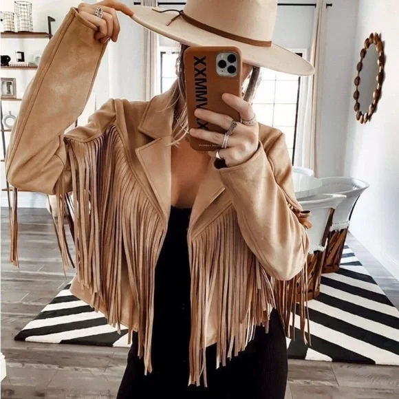 Faux suede women jacket zip blazer coat boho festioval fringe tops - Picture 2 of 6